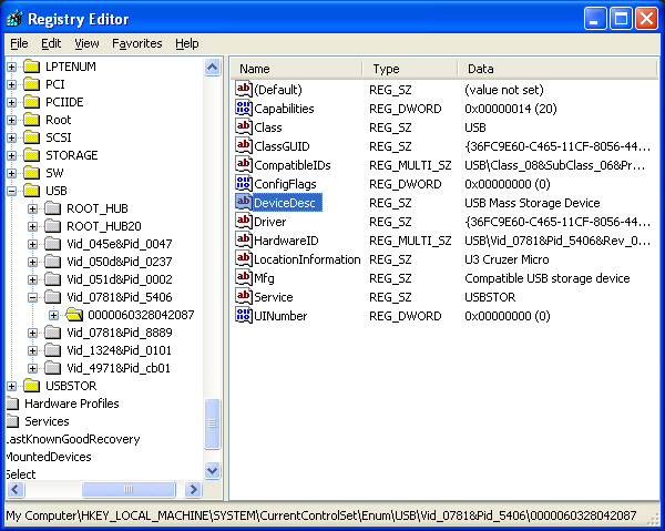 USB Device in Registry Editor